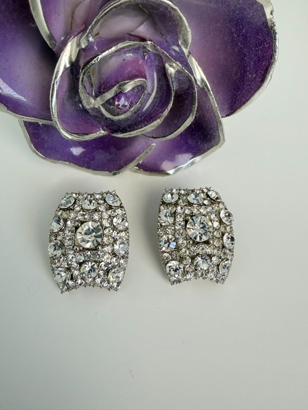 Vintage Sparkly Rhinestone Silver Clip Earrings